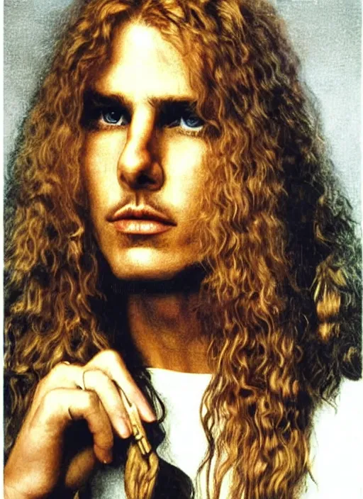 Prompt: Pre-Raphaelite portrait of blonde haired Tom Cruise as the leader of a cult 1980s heavy metal band, with very long blond hair, light blonde hair and grey eyes