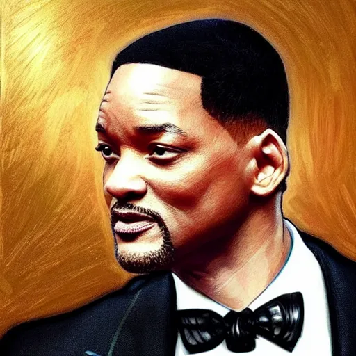 Prompt: will smith wearing a tuxedo, portrait, highly detailed, digital painting, artstation, concept art, sharp focus, illustration, art by artgerm and greg rutkowski and alphonse mucha