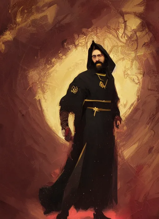 Prompt: character concept portrait of an attractive bearded young Rasputin dressed in a black, gold, and crimson robe with hood. Action pose. intricate, elegant, digital painting, concept art, smooth, sharp focus, illustration, from Metal Gear, by Ruan Jia and Mandy Jurgens and William-Adolphe Bouguereau, Artgerm