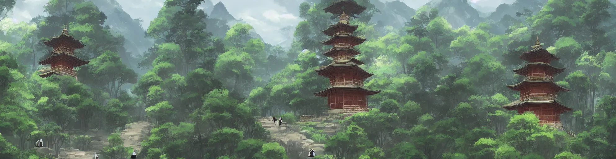 Prompt: one pagoda with a path surrounded by mountains, stormy weather. Pandas in a bamboo forest. Makoto Shinkai, anime, trending on ArtStation, digital art.