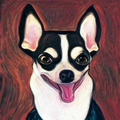 Prompt: a mouth-opened chihuahua in shock , in the Style of The Scream , painted by Edvard Munch