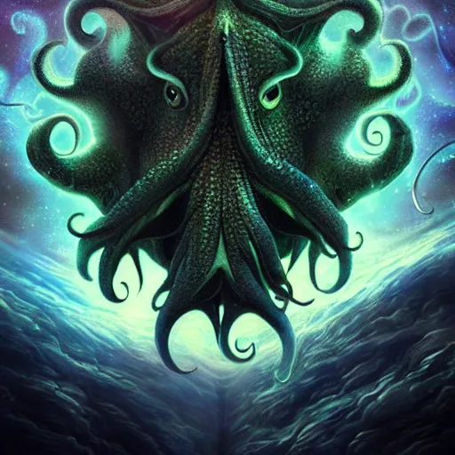 Image similar to cosmic cthulhu in space, by lovecraft, details face, detailed body, realistic body proportions, unreal engine, by popular digital artist, digital, artstation, detailed body, heavenly atmosphere, digital art, overdetailed art, trending on artstation, cgstudio, the most beautiful image ever created, dramatic, award winning artwork, beautiful scenery