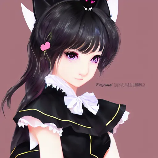Image similar to realistic beautiful gorgeous natural cute fantasy young teenager girl black hair cute black cat ears in maid dress outfit beautiful eyes artwork drawn full HD 4K highest quality in artstyle by professional artists WLOP, Taejune Kim, Guweiz, ArtGerm on Artstation Pixiv
