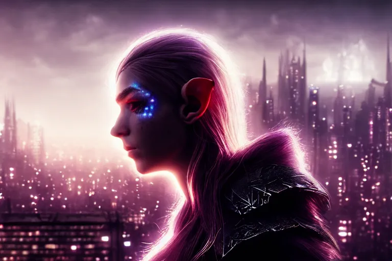 Image similar to an ultra realistic, cinematic, fantasy, headshot portrait, of an elden ring elf, fairy lights, facial features, overlooking a vast dystopian cityscape, with futuristic buildings and neon signs, detailed, deep focus, movie still, dramatic lighting, ray tracing, by michal karcz and yoshitaka amano