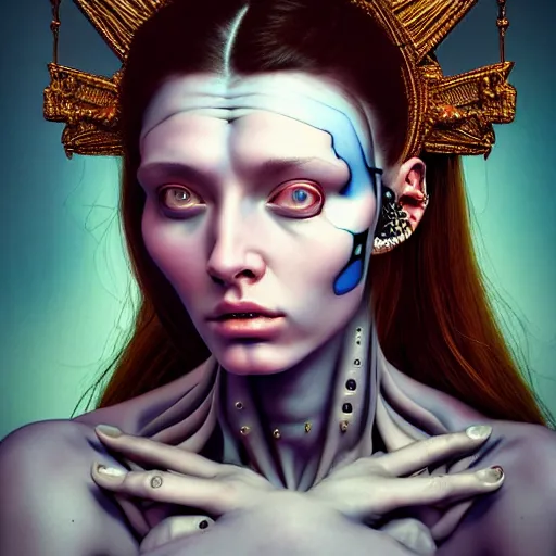 Prompt: Colour Caravaggio style Photography of Beautiful woman with highly detailed 1000 years old face wearing highly detailed sci-fi piercing designed by Josan Gonzalez. Many details . In style of Josan Gonzalez and Mike Winkelmann andgreg rutkowski and alphonse muchaand and Caspar David Friedrich and Stephen Hickman and James Gurney and Hiromasa Ogura. volumetric natural light