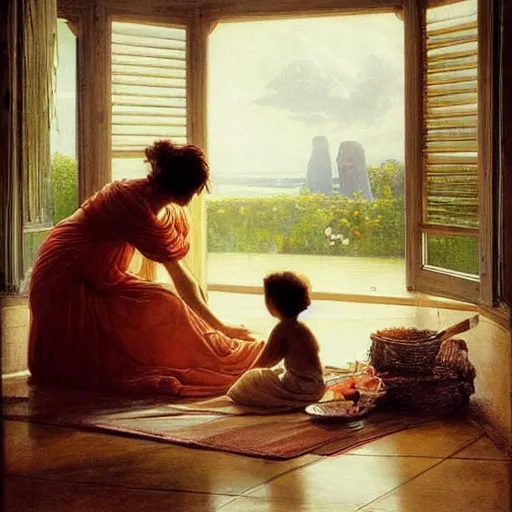 Image similar to This photograph is beautiful because of its harmony of colors and its simple but powerful composition. The artist has created a scene of peaceful domesticity, with a mother and child in the center, surrounded by a few simple objects. The colors are muted and calming, and the overall effect is one of serenity and calm. electric by Ellen Jewett, by Lawrence Alma-Tadema realistic, tired