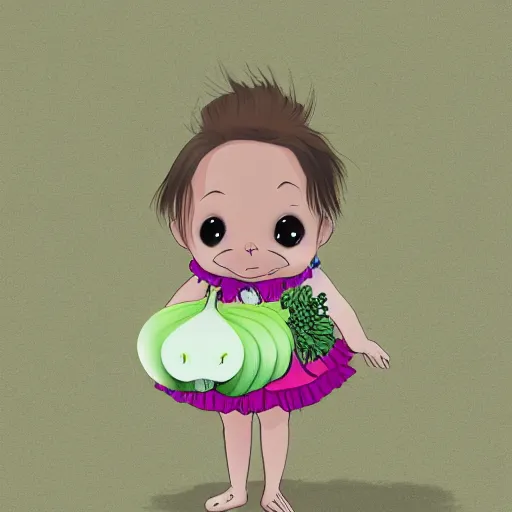 Image similar to an illustration of a baby daikon radish in a tutu walking a dog