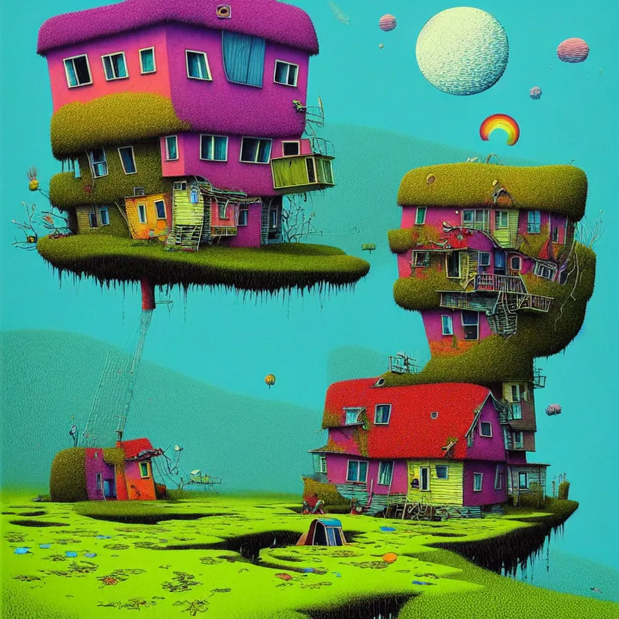 Image similar to surreal glimpse into other universe, a house on an island, summer morning, very coherent and colorful high contrast, art by!!!! gediminas pranckevicius!!!!, geof darrow, floralpunk screen printing woodblock, dark shadows, hard lighting, stipple brush technique,