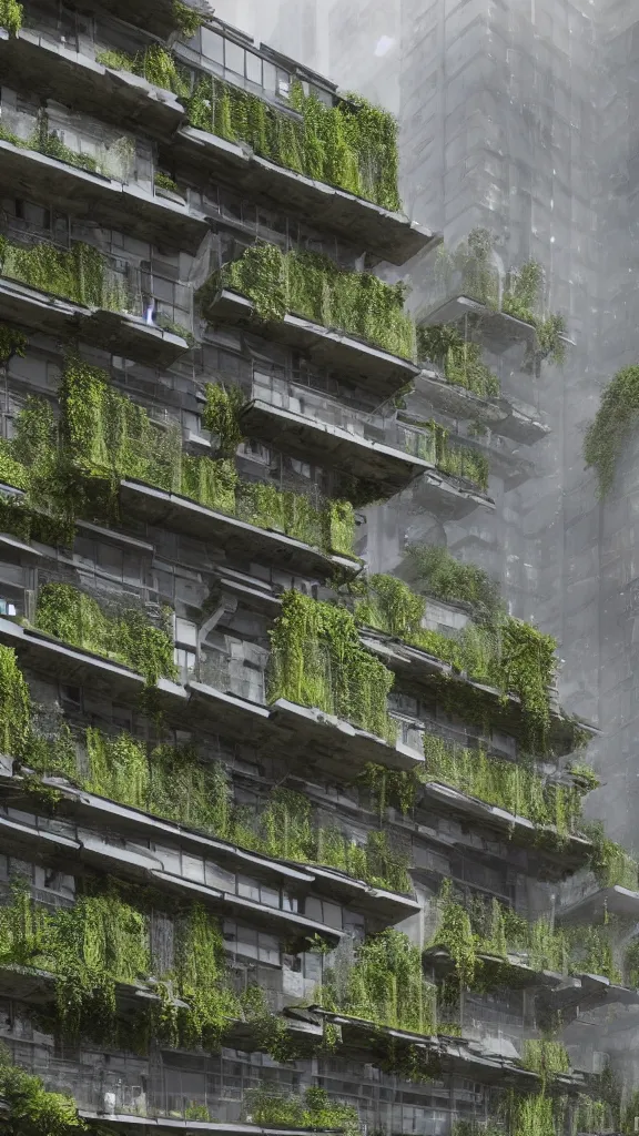 Prompt: historical photo in style of helen binet. biopunk timber futuristic building in a urban setting. hyper realistic. cloudy morning. mossy buildings have deep tall balconies with plants, trees, and many figures in bright clothing. thin random columns, large windows, deep overhangs. greeble. 8 k, volumetric lighting.