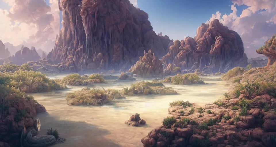 Image similar to a beautiful desert oasis!!!! with crystal clear water with an incomprehensibly large monster!!!! the size of a planet looking down from the sky, by wlop and peter mohrbacher, extremely detailed shading, concept art, digital painting, trending on artstation, unreal engine 5, octane render, atmosphere, glow, cinematic lighting