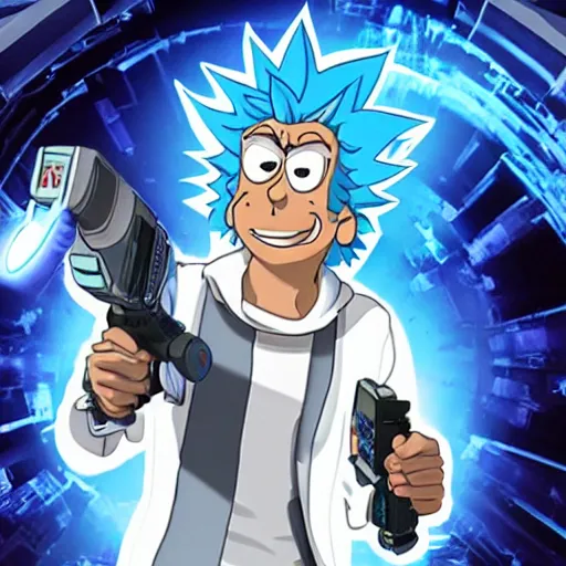 Image similar to Rick Sanchez as a real-life person, studio portrait, real-life-action movie star, holding a portal gun, opening a portal, Rick Sanchez