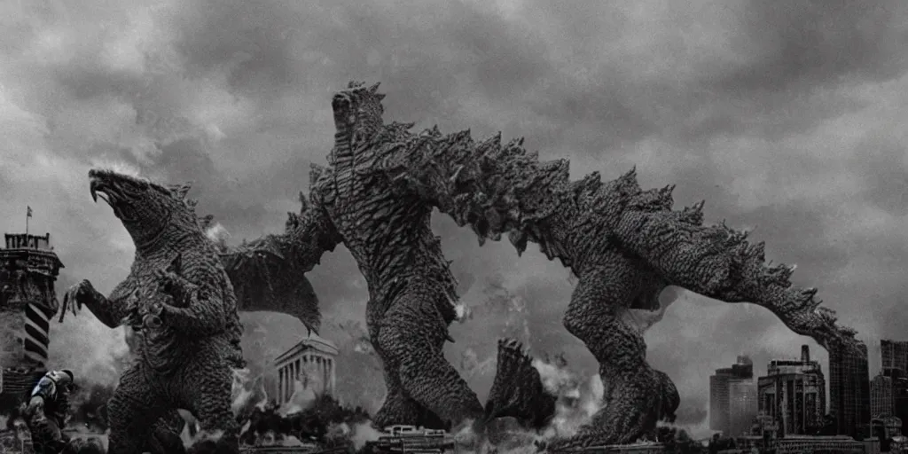 Prompt: Kaiju Trump attack Capitol, film still