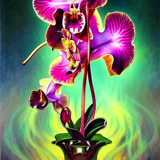 Prompt: surreal psychedelic orchid hybrid, diffuse lighting, art by collier, albert aublet, krenz cushart, artem demura, alphonse mucha