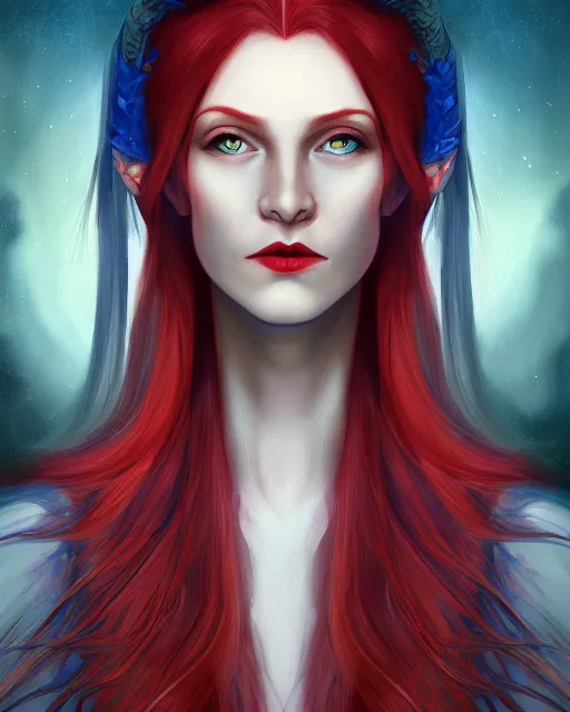 Image similar to A detailed matte oil on canvas head on symmetrical portrait of a distinguished elven woman with split red and blue hair on an empty background, by Charlie bowater, Wlop, trending on artstationhd, dungeons and dragons art, parted hair , half blue, half red , split dye, critical role