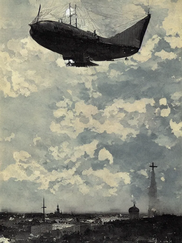 Image similar to a large dieselpunk airship standing over a white church in russia in 1 9 1 0, by winslow homer