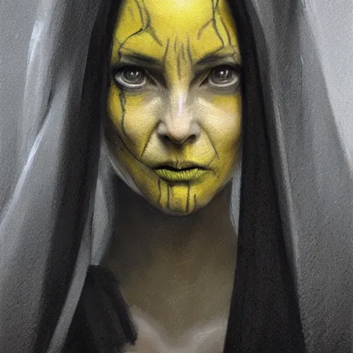 Image similar to portrait of a woman by greg rutkowski, a woman with yellow skin, black lips wearing black robes and a hodd, evil energy, star wars expanded universe, she is about 6 0 years old, highly detailed portrait, digital painting, artstation, concept art, smooth, sharp foccus ilustration, artstation hq