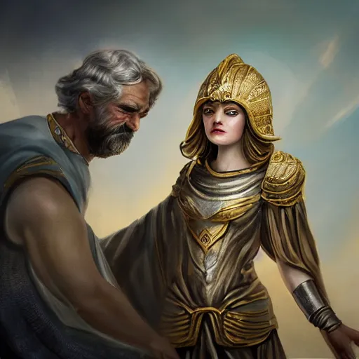 Prompt: tiny Emma Stone as ancient greek woman in golden helmet standing on giant grey-haired bearded male face in the sky, epic fantasy style art, fantasy epic digital art