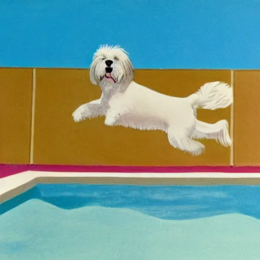 Image similar to medium shot, cream colored havanese dog jumping from a diving board into a pool at a mid century modern house in palm springs, painting by david hockney