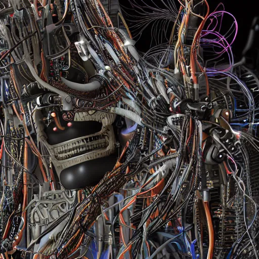 Image similar to wiring of a cyborg, eclectic, intricate, highly detailed, 8k