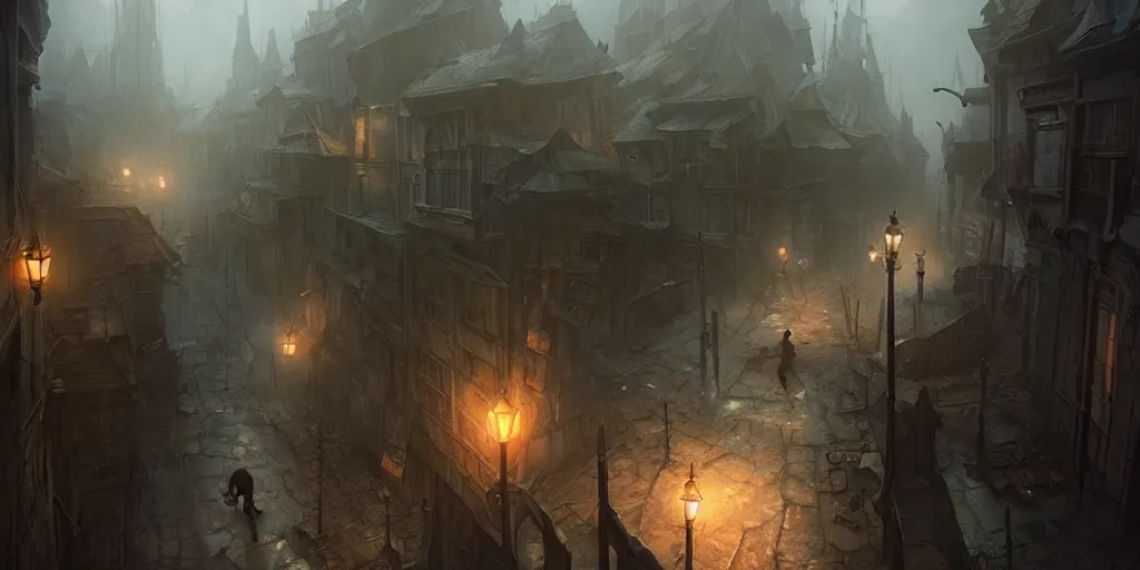 Image similar to dark town street by bastien lecouffe - deharme and charles bowater, greg rutkowski, adventure game, high angle, inspired by diablo concept art