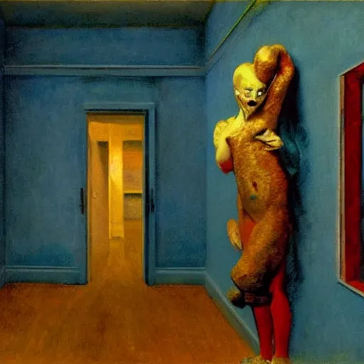 Image similar to an ivory golden demon in a blue and red haunted liminal abandoned room, film still by edward hopper, by gottfried helnwein, by klimt, art noveau, highly detailed, strong lights, liminal, eerie, bright pastel colors,