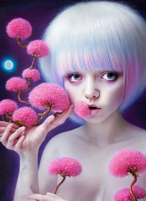 Image similar to hyper detailed 3d render like a Oil painting - kawaii portrait Aurora (white haired Singer Weasle) seen Eating of the Strangling network of yellowcake aerochrome and milky Fruit and Her delicate Hands hold of gossamer polyp blossoms bring iridescent fungal flowers whose spores black the foolish stars by Jacek Yerka, Ilya Kuvshinov, Mariusz Lewandowski, Houdini algorithmic generative render, Abstract brush strokes, Masterpiece, Edward Hopper and James Gilleard, Zdzislaw Beksinski, Mark Ryden, Wolfgang Lettl, hints of Yayoi Kasuma, octane render, 8k