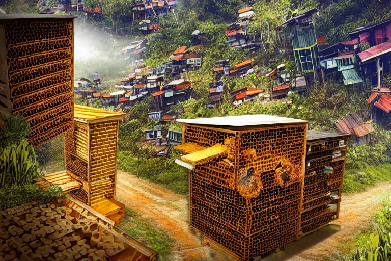 Prompt: favela lobster honeybee hive, wooded environment, industrial factory, whimsically, award winning art, epic dreamlike fantasy landscape, ultra realistic,