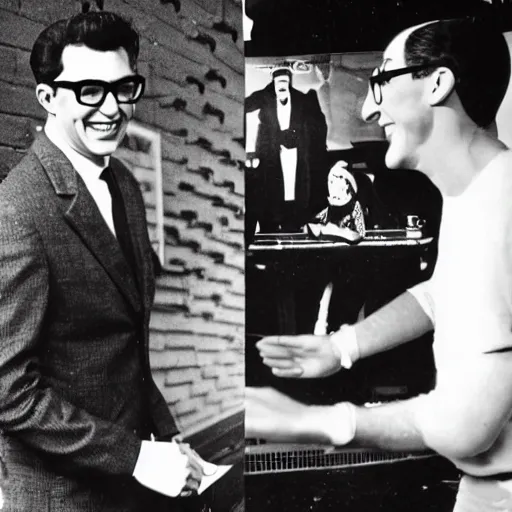 Image similar to a man who looks just like buddy holly, next to a man who looks like mary tyler moore. they do not care what they say about them. homies are dissing their girl as the picture is taken. stunning photography.