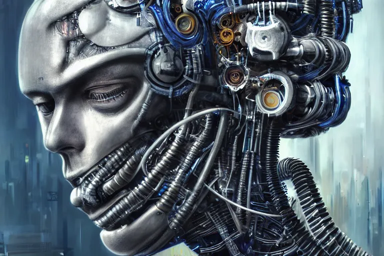 Image similar to an extremely high quality hd, a digital painting of a man's face surrounded by mechanical parts, cyberpunk art by h. r. ( hans ruedi ) giger, featured on cgsociety, afrofuturism, circuitry, tesseract, dystopian art, 8 k, ultra realistic, very realistic