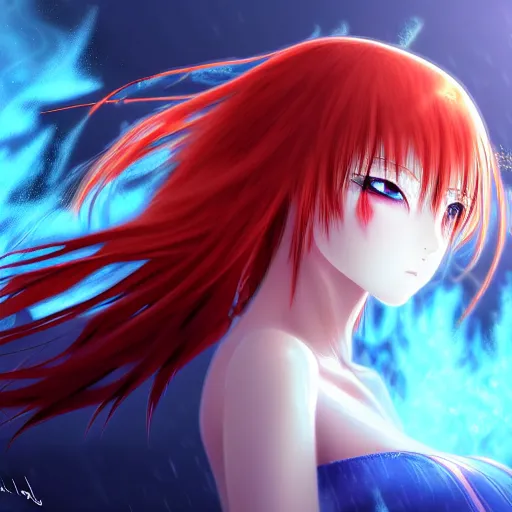 Image similar to advanced digital anime art, a very cute gorgeous teenage girl made of fire and ice with red fiery watery eyes glancing over her left shoulder wearing a dress made of water is standing in an apocalyptic burning city, full body, full round face, dramatic cinematic lighting, highly intricately detailed, medium shot, mid-shot, trending on pixiv, Artstation, Sakimimichan