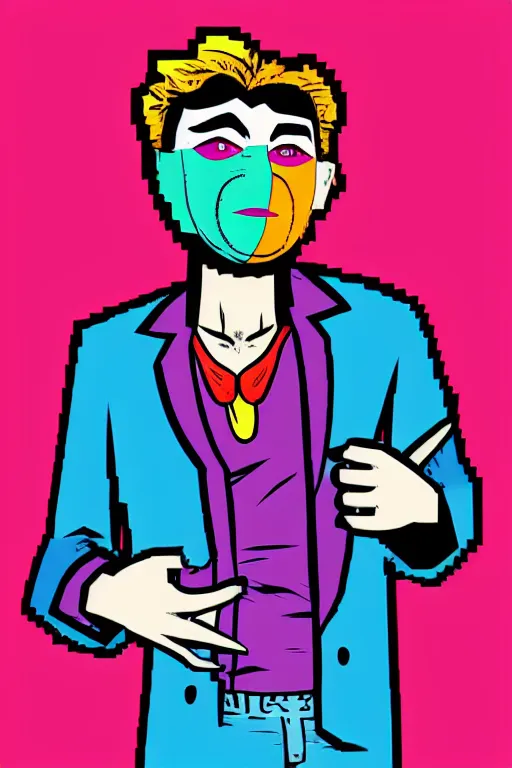 Image similar to display twitter guy wearing an blouses with clown mask. pop art, gta vice city art style, pixel art, face and body features details, ultra realistic details, digital art, concept art, casual art, sharp focus, illustration, intecrate details, elegant, confident posse, art by mark millar and richard hamilton and mimmo rottela