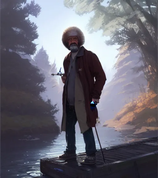 Image similar to Highly detailed portrait of homeless Bob Ross, in GTA V, Stephen Bliss, unreal engine, fantasy art by Greg Rutkowski, Loish, Rhads, ferdinand knab, Makoto Shinkai and Lois van baarle, ilya kuvshinov, rossdraws, Tom Bagshaw, global illumination, radiant light, detailed and intricate environment