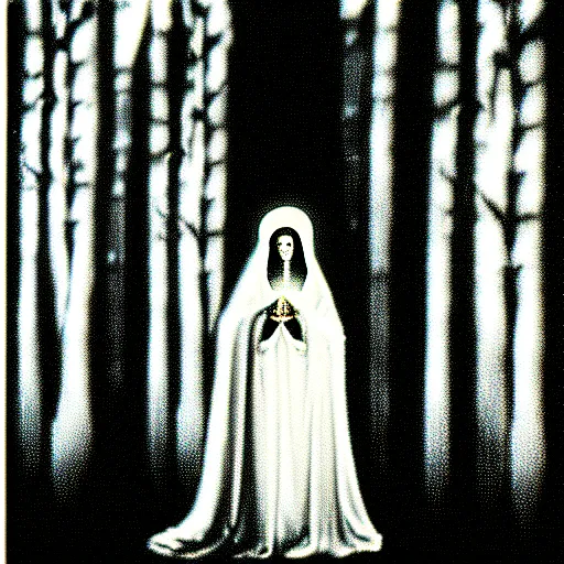 Image similar to marian apparition in forest, high contrast, found footage, vhs, 1 9 9 0, beautiful, highly realistic, highly detailed, vhs noise static, black and white, vhs glitch