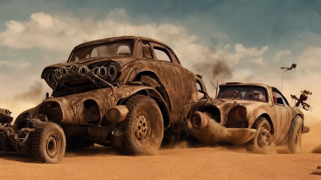 Image similar to pixar cars in mad max fury road, cartoon eyes, war boys, furiosa, explosions, imax