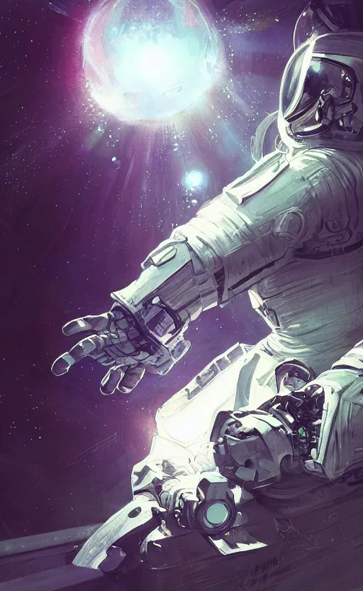 Prompt: a beautiful artwork illustration, concept art sketch of an astronaut in white futuristic cybernetic armor looking at a shining cube in the distance, volumetric fog, godrays, high contrast, vibrant colors, vivid colors, high saturation, by Greg Rutkowski and Jesper Ejsing and Raymond Swanland and alena aenami, featured on artstation, wide angle, vertical orientation