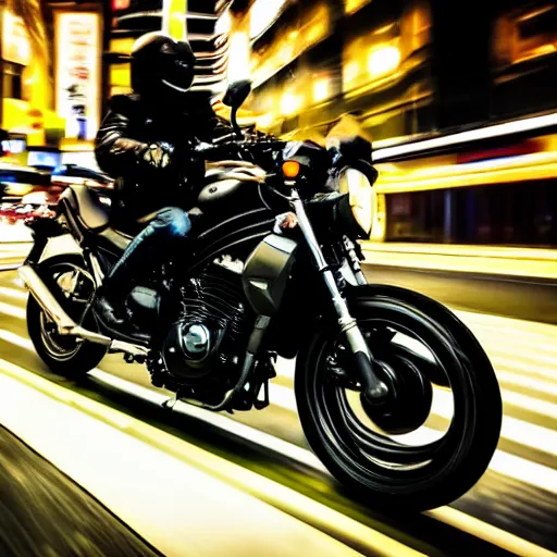 Prompt: a black ( ( ( honda cmx 5 0 0 rebel ) ) ) motorcycle, ridden fast by a metallic futuristic alien cyborg, through the streets of 2 0 5 0's tokyo, neon signs, blurred crowded streets, slight motion blur background