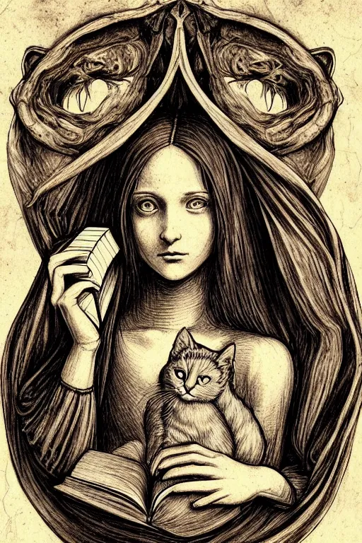 Image similar to da vinci illustration of romantic girl, her cat and her book of necronomicon, symmetrical, cinematic, sharp focus, 4 k, ultra hd, sense of awe, sinister demonic atmosphere, dreadful, forbidden knowledge, old gods, cthulhu, yog - sothoth! yah, yah, yah! cultist journal cover