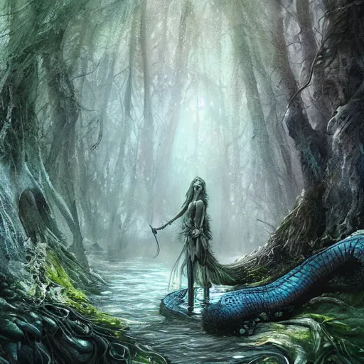 Image similar to high definition charcoal watercolor fantasy character art, hyper realistic, hyperrealism, luminous water elemental, snake skin armor forest dryad, woody foliage, 8 k dop dof hdr fantasy character art, by aleski briclot and alexander'hollllow'fedosav and laura zalenga