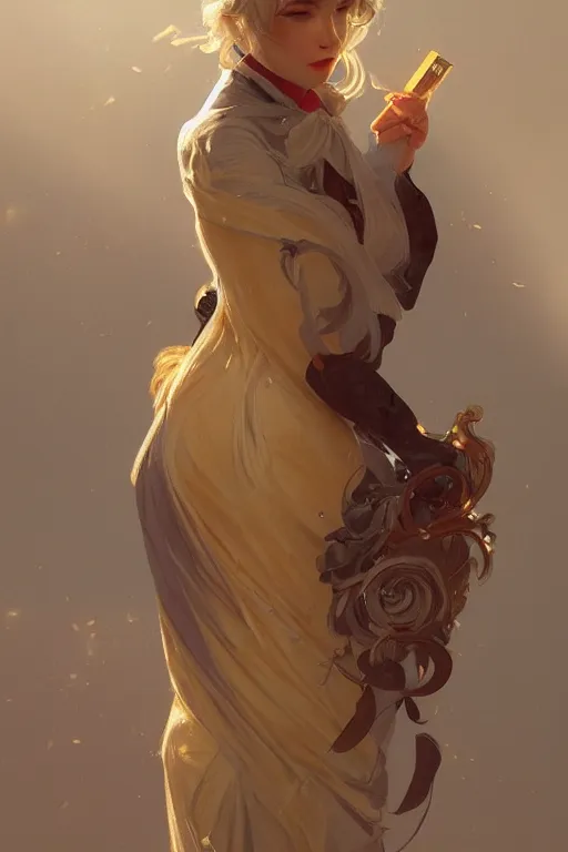 Image similar to a girl wearing a golden dress, grey hair, red necktie, cinematic, stunning, highly detailed, digital painting, artstation, smooth, hard focus, full body shot, illustration, art by artgerm and greg rutkowski and alphonse mucha