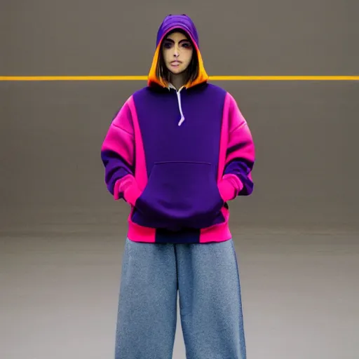 Prompt: a photo of hila klein wearing teddy fresh color block hoodie, fashion, model, realistic, photography, high quality
