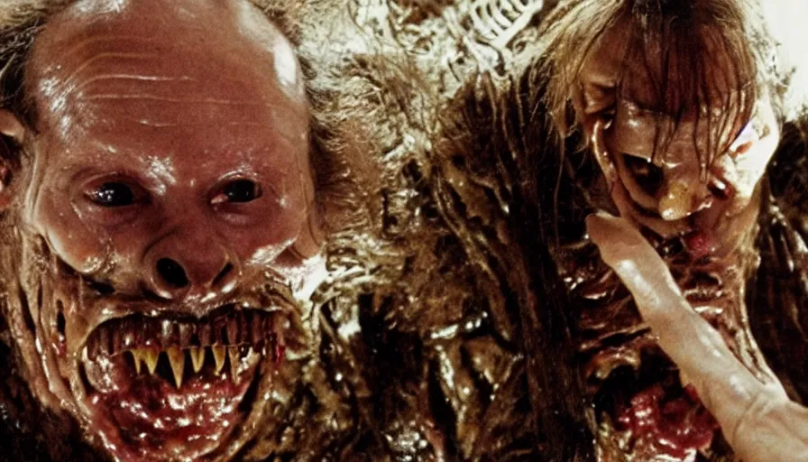 Image similar to a disgusting vile monster eating a man from The Thing, by Cronenberg and greg nicotero