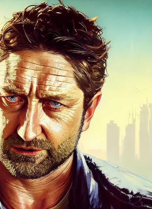 Image similar to Highly detailed portrait of Gerard Butler, in GTA V, Stephen Bliss, unreal engine, fantasy art by Greg Rutkowski, Loish, Rhads, ferdinand knab, Makoto Shinkai and Lois van baarle, ilya kuvshinov, rossdraws, Tom Bagshaw, alphonse mucha, global illumination, radiant light, detailed and intricate environment