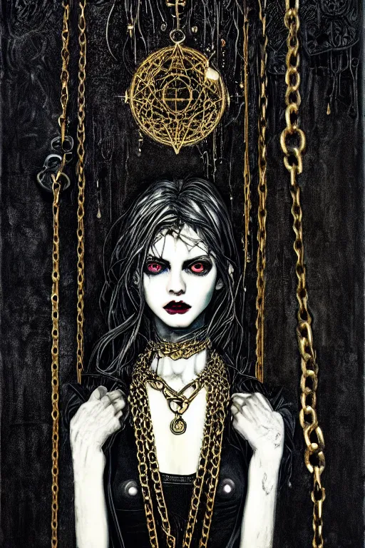 Prompt: dreamy gothic girl, black leather slim clothes, chains and raw gold, detailed acrylic, grunge, intricate complexity, by dan mumford and by alberto giacometti, peter lindbergh