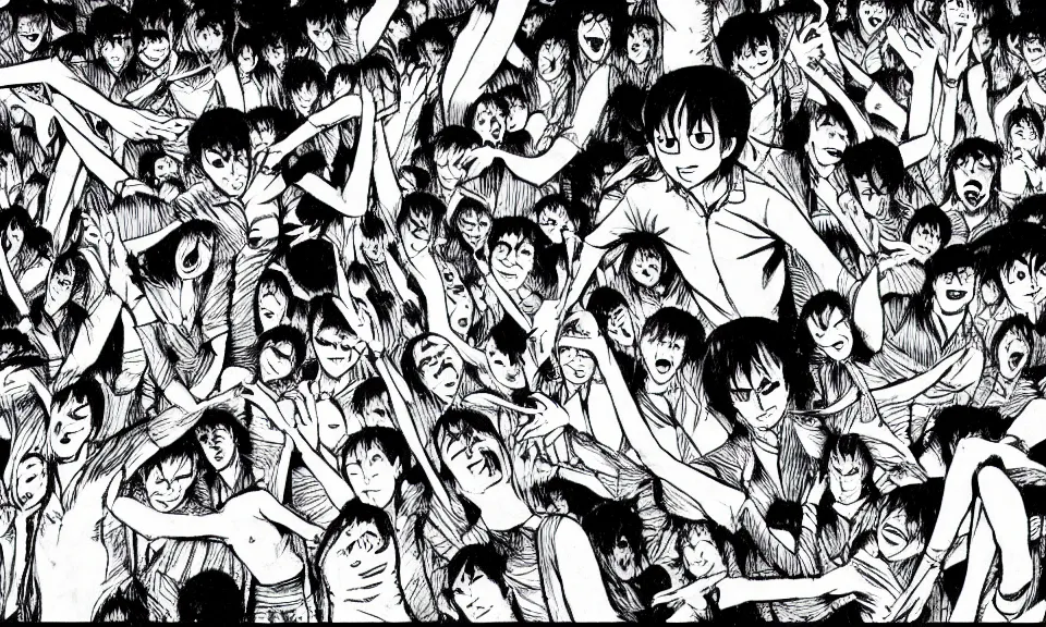 Prompt: a manga drawing of a group of people forming a cave with their bodies by Junji Ito