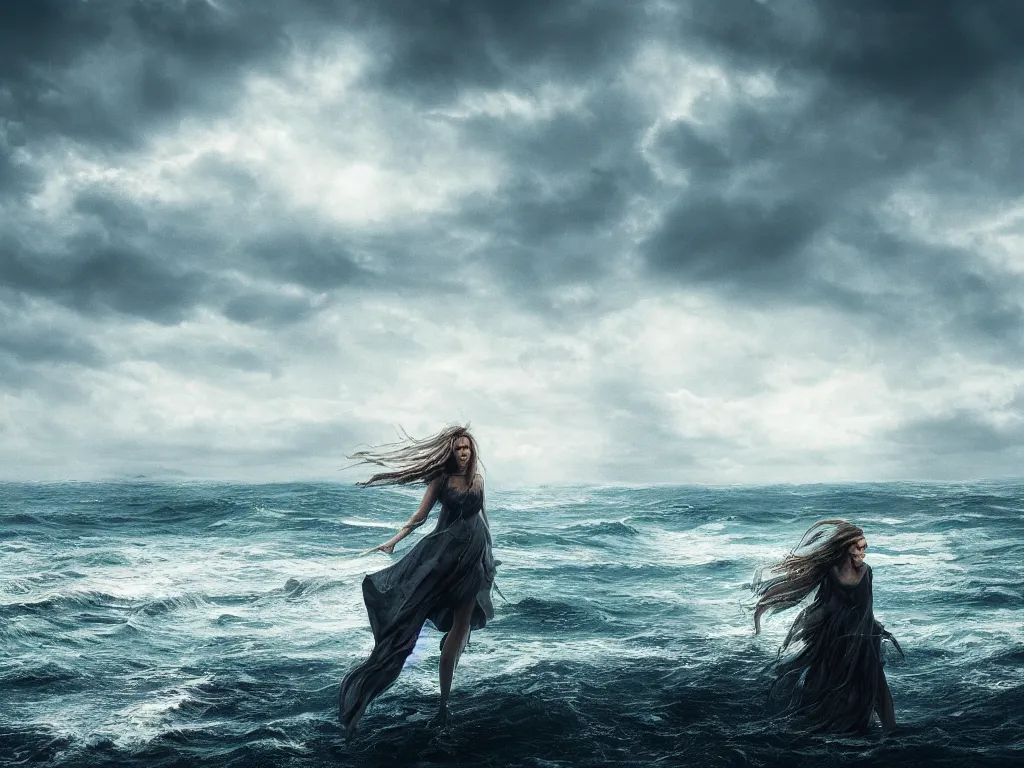 Image similar to a sea witch on a rough ocean with turbulent skies, photorealistic, by wlop, 4 k resolution