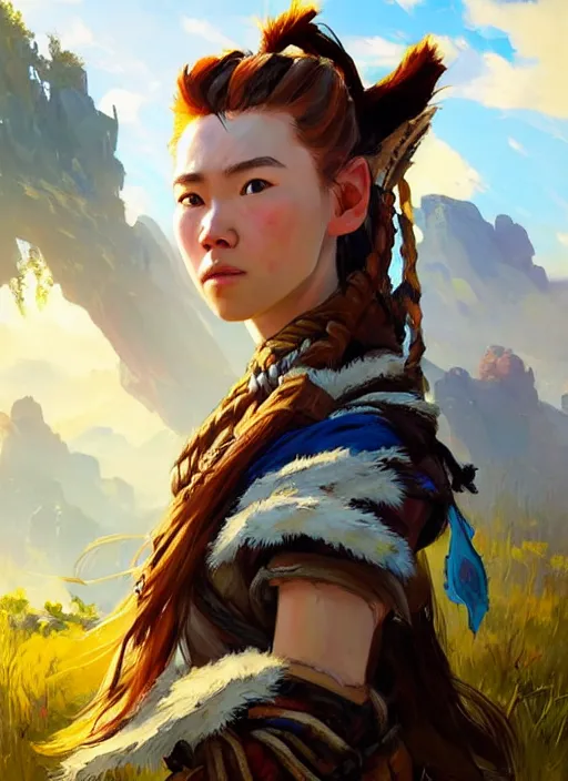 Prompt: portrait of Aloy from Horizon Zero Dawn in the style of League of Legends practicing, countryside, calm, fantasy character portrait, dynamic pose, above view, sunny day, thunder clouds in the sky, artwork by Jeremy Lipkin and Giuseppe Dangelico Pino and Michael Garmash and Rob Rey and Jean Giraud, very coherent asymmetrical artwork, sharp edges, perfect face, simple form, 100mm