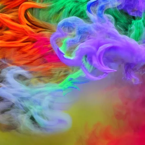 Image similar to multi color smoke with the outstretched ribbed wings and head of a fairytale dragon, billowy, 8 k, 4 k