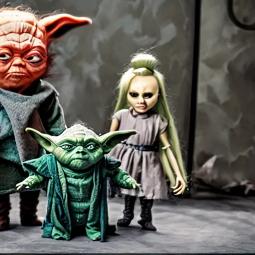 Image similar to Yoda surrounded by evil killer dolls 8k hdr movie still