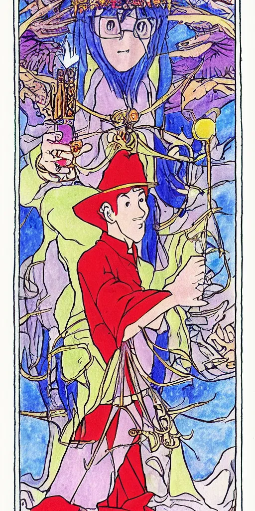 Prompt: a mystical man with a goblet on the table, wizard hat, drawn by Naoko Takeuchi, impressive line work, tarot card. tarot card the magician, psychedelic