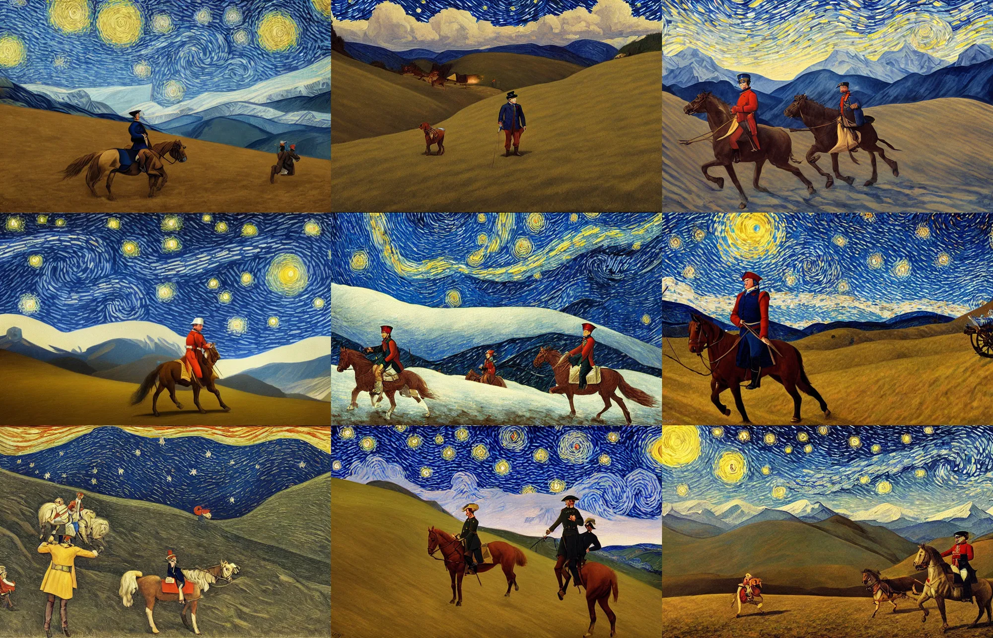 Prompt: napoleon crossing the alps in the starry night, in the style of grant wood, pj crook, edward hopper, oil on canvas, artstation, deviantart